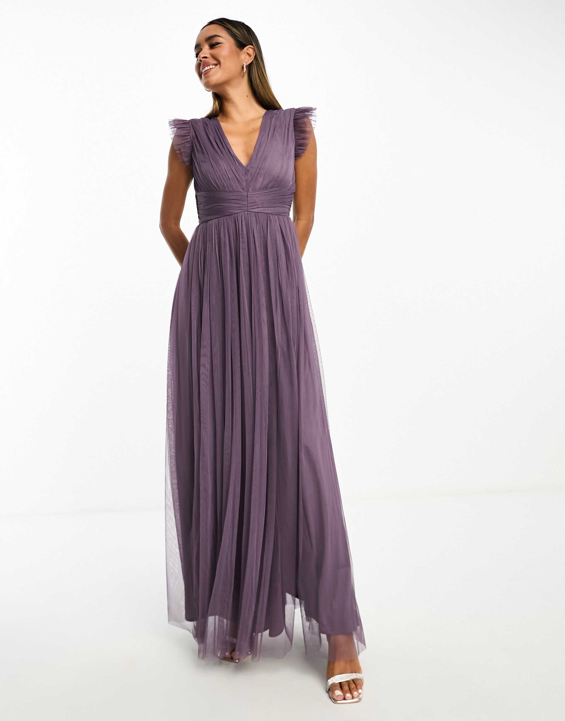 anaya bridesmaid plunge tulle maxi dress with thigh split in purple