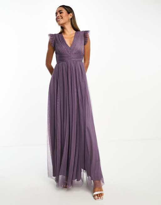 Anaya Bridesmaid plunge tulle maxi dress with thigh split in purple | ASOS