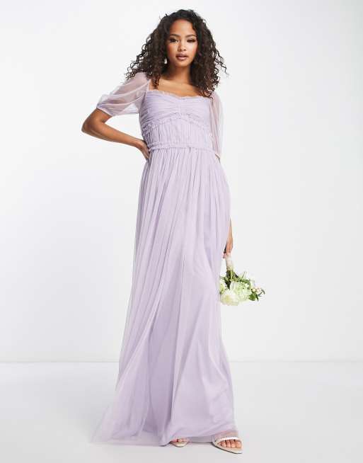 ASOS DESIGN Bridesmaid satin square neck maxi dress in lilac