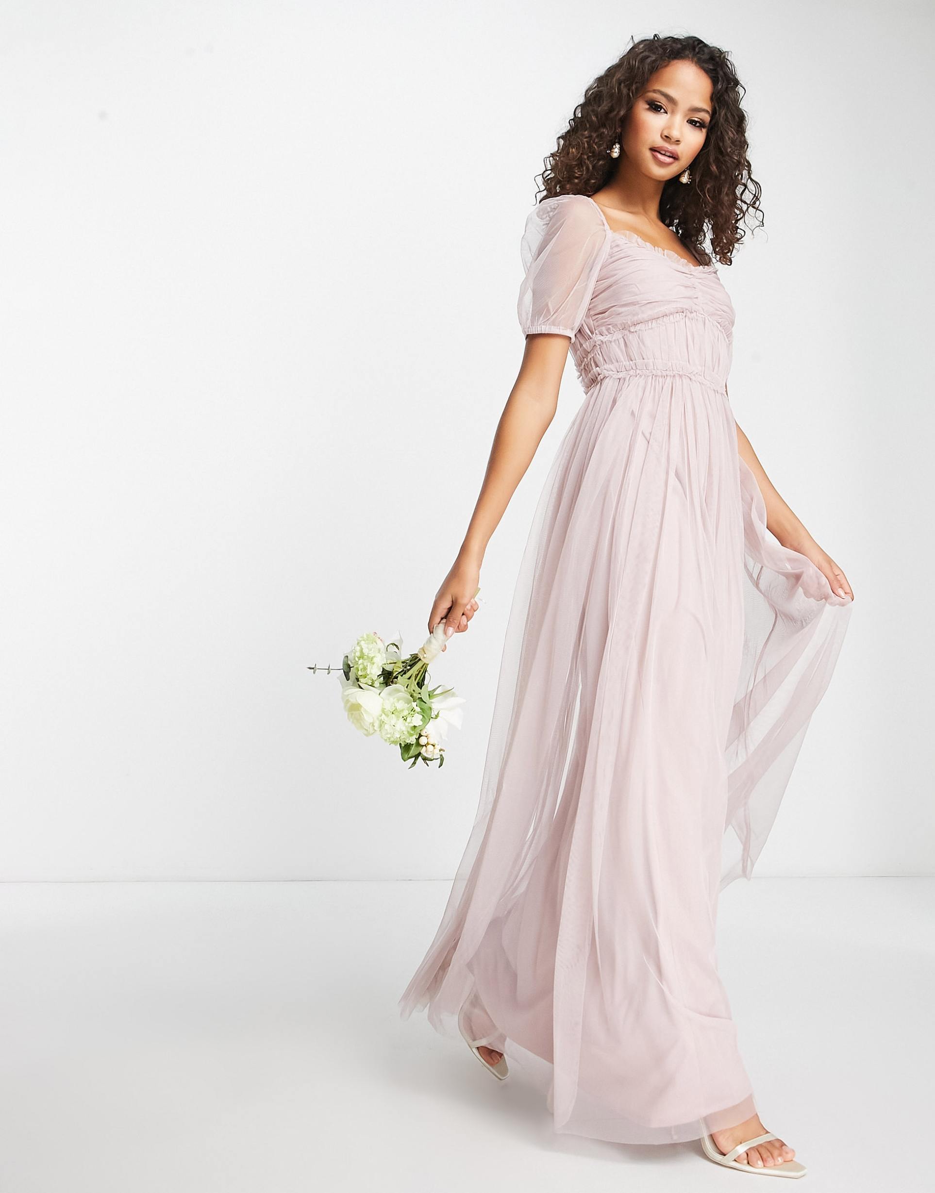 anaya bridesmaid puff sleeve maxi dress in muted blush