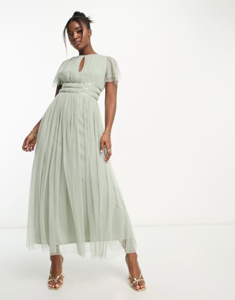 Petite pleated maxi bridesmaid dress hotsell with spot mesh frill detail