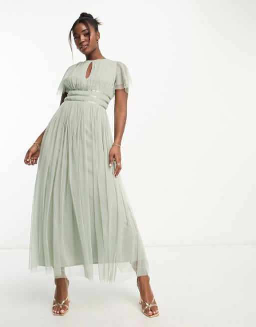 Anaya Bridesmaid Ribbon Waist Midaxi Dress in sage-Green