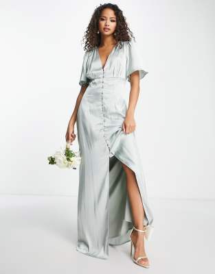 Anaya Bridesmaid satin button through maxi dress in sage green | ASOS