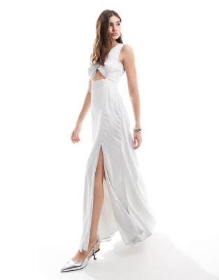 Anaya with love tulle plunge neck maxi dress with ruffle sleeve and satin trim in white best sale