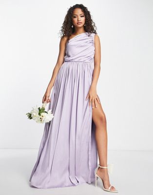 Bridesmaid satin one shoulder thigh split dress in lilac-Purple