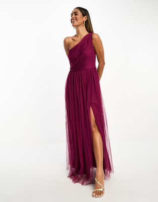 Anaya Bridesmaid tulle one shoulder maxi dress in berry