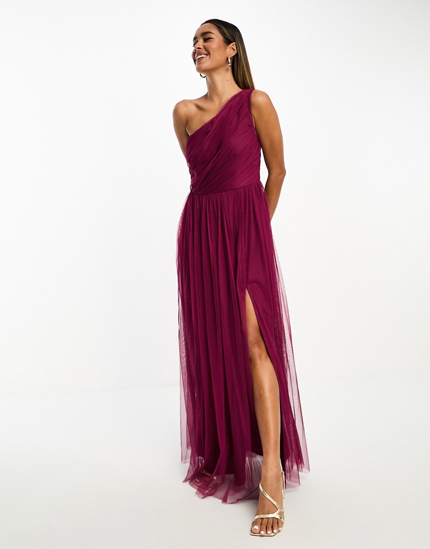 Bridesmaid tulle one shoulder maxi dress in berry-Red