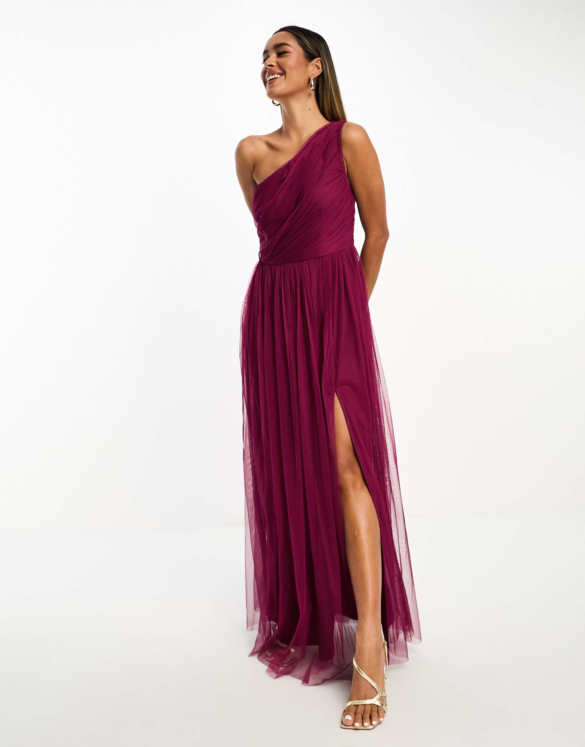 anaya bridesmaid tulle one shoulder maxi dress in berry