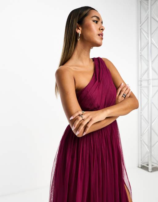 Anaya Bridesmaid tulle one shoulder maxi dress in berry