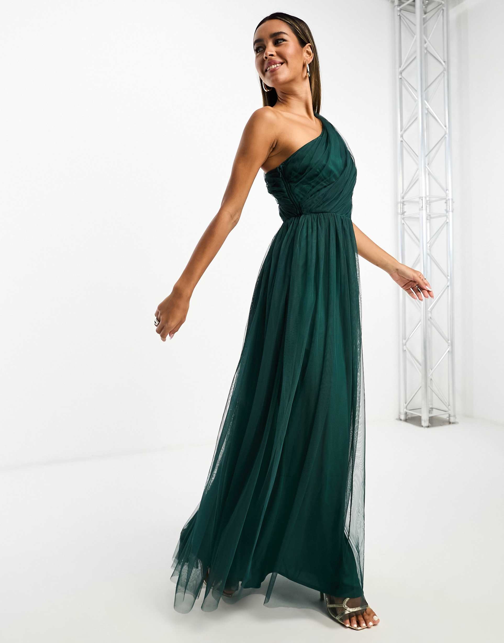 anaya bridesmaid tulle one shoulder maxi dress in emerald green