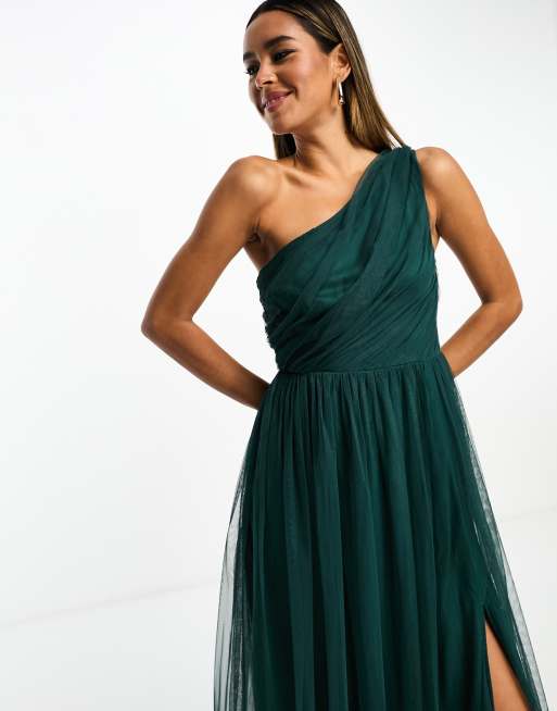 Anaya Bridesmaid tulle one shoulder maxi dress in emerald green