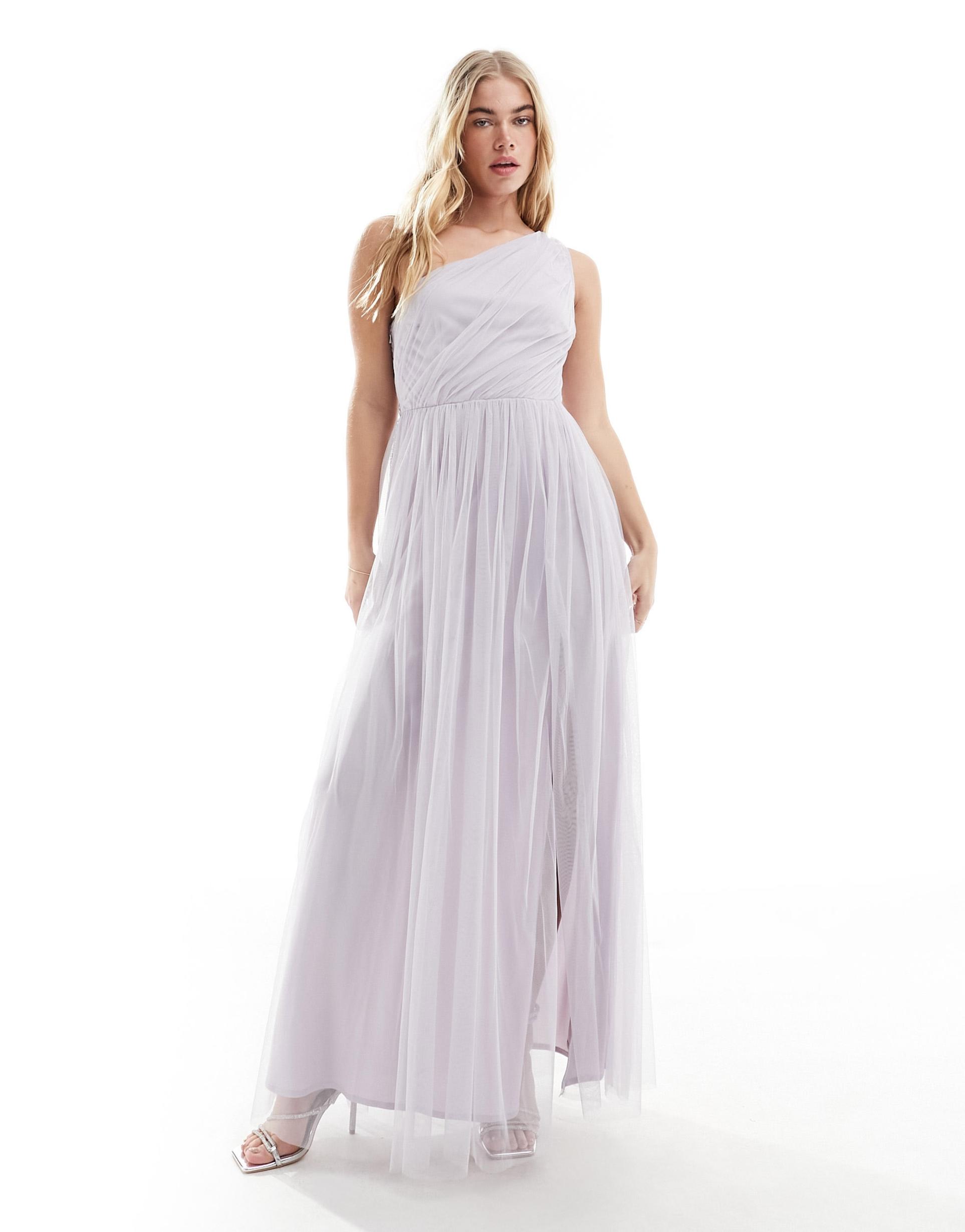 anaya bridesmaid tulle one shoulder maxi dress in lilac