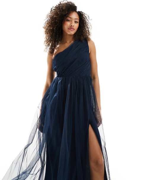 Anaya Bridesmaid tulle one shoulder maxi dress in navy - view 1