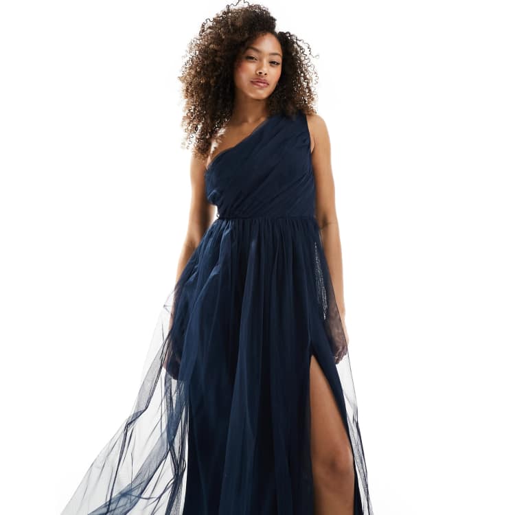 Anaya Bridesmaid tulle one shoulder maxi dress in navy ASOS