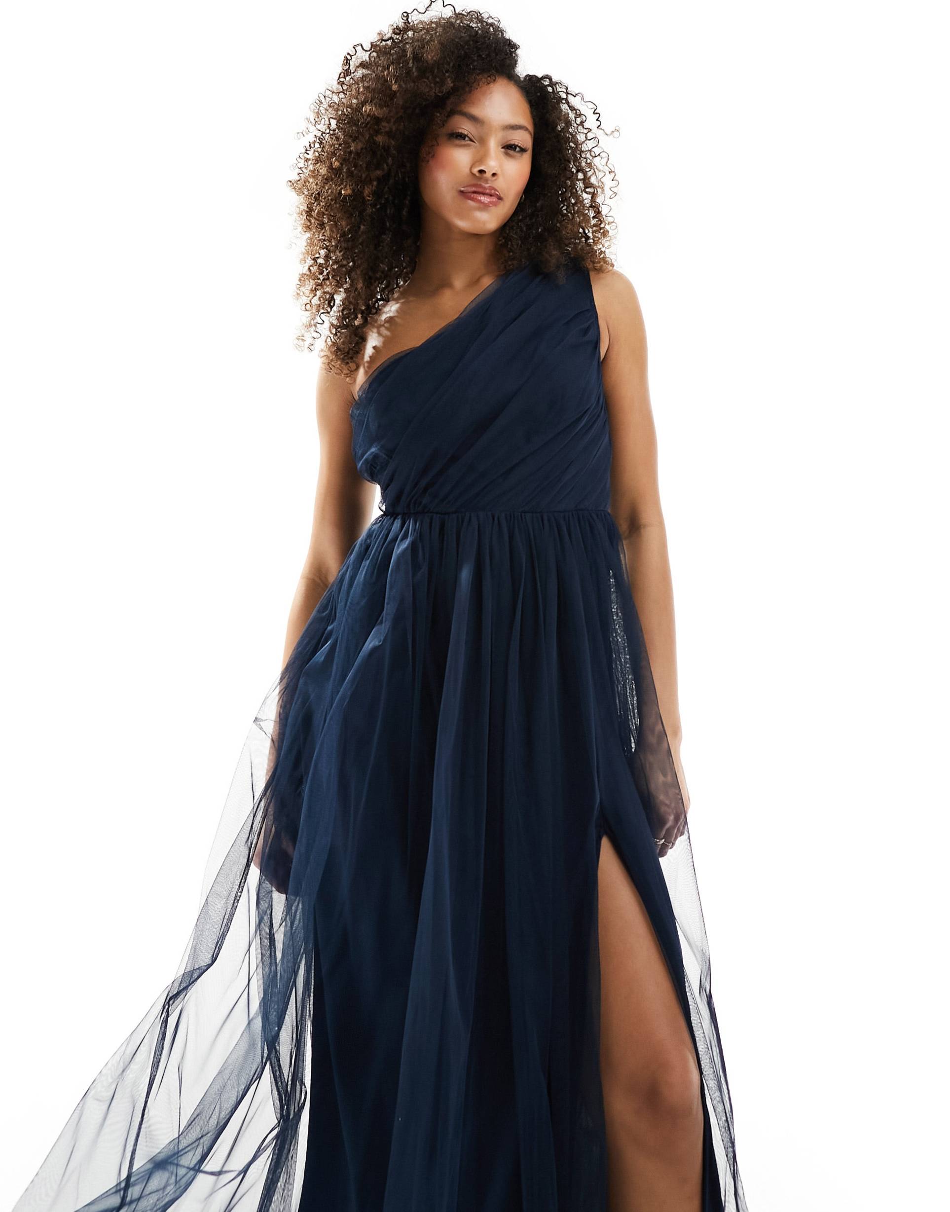 anaya bridesmaid tulle one shoulder maxi dress in navy