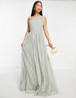 Bridesmaid tulle one shoulder maxi dress in sage green