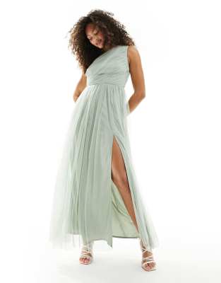 Bridesmaid tulle one shoulder maxi dress in sage green