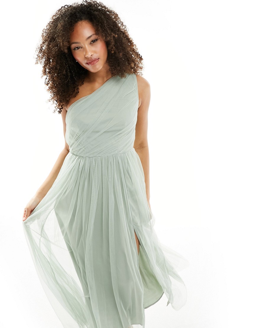 Bridesmaid tulle one shoulder maxi dress in sage green