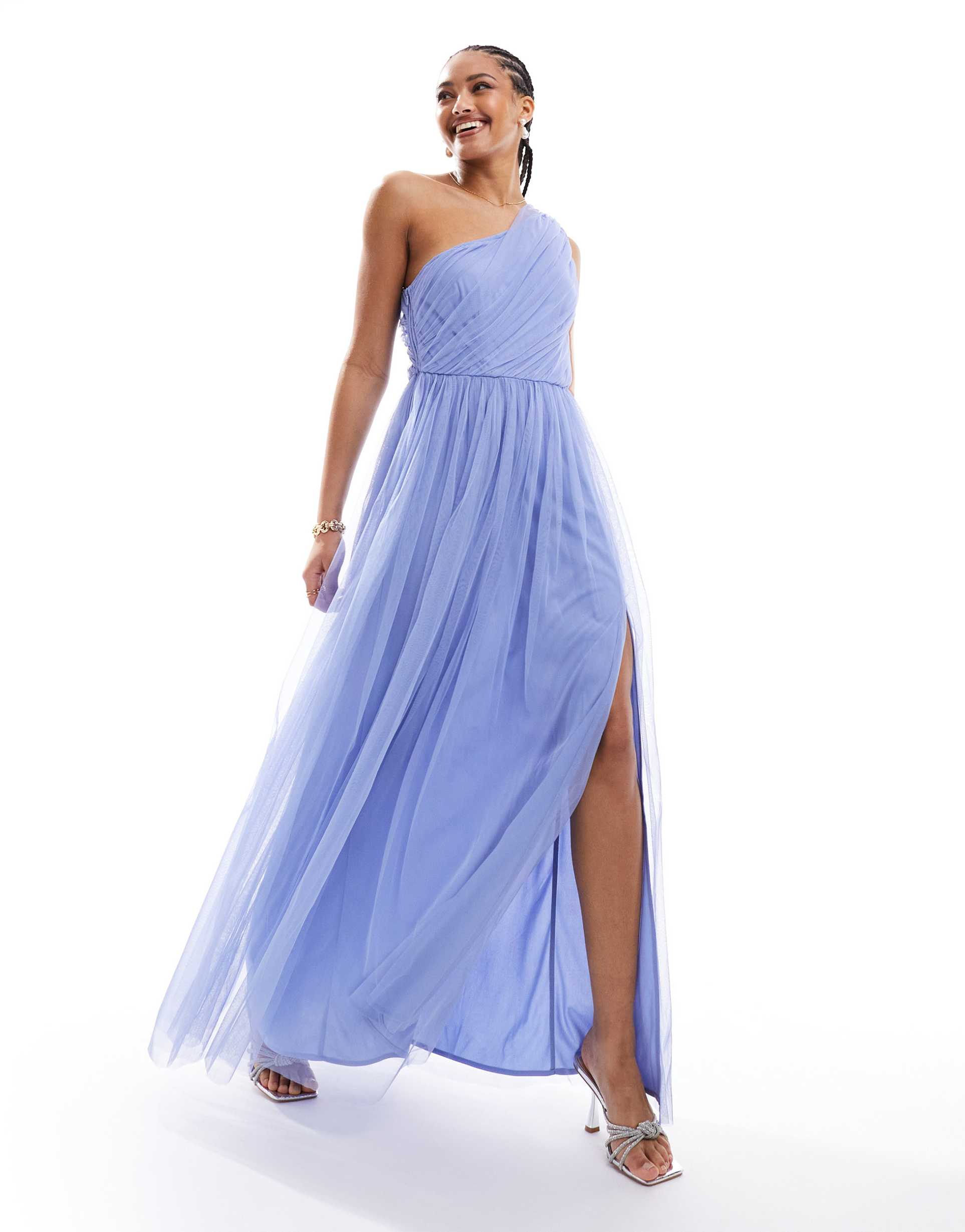 anaya bridesmaid tulle one shoulder maxi dress in soft blue