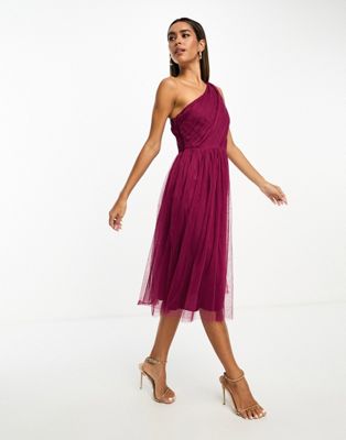 Bridesmaid tulle one shoulder midi dress in berry-Red