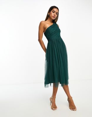 Anaya Anaya Bridesmaid tulle one shoulder midi dress in emerald green