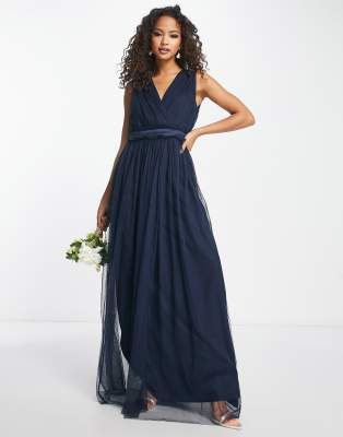 Anaya Bridesmaid V Neck Ruffle Waist Maxi Dress In Navy Blue