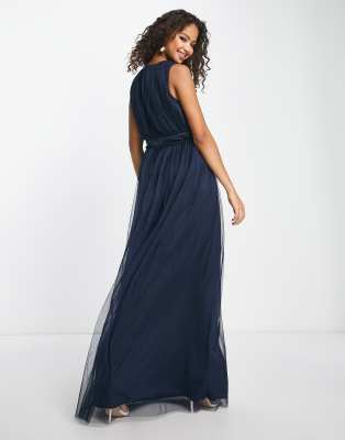 Anaya Bridesmaid v neck ruffle waist maxi dress in navy blue