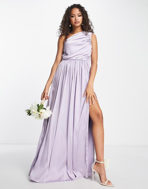 Anaya Bridesmaid - Vestito monospalla in raso lilla con spacco sulla coscia