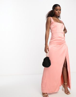 Anaya Bridesmaid wrap skirt satin maxi dress in coral pink - ASOS Price Checker