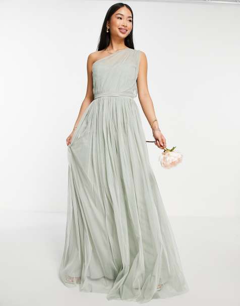 Anaya - Brudepiger - Salviegrøn oneshoulder-maxikjole i tyl - view 1