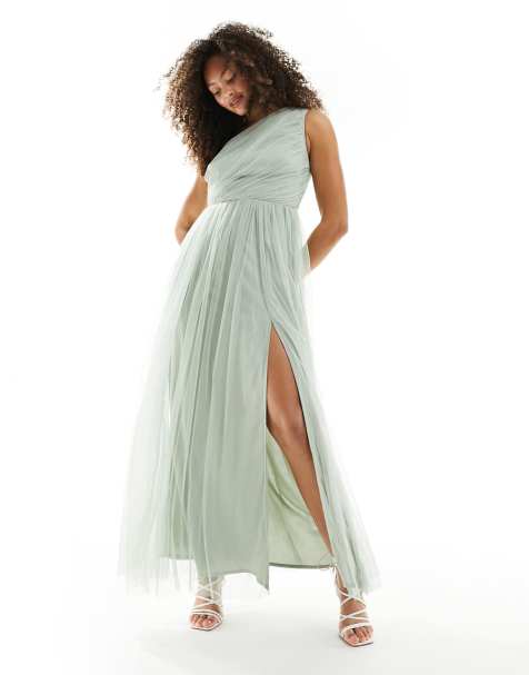 Anaya - Brudepiger - Salviegrøn oneshoulder-maxikjole i tyl - view 1