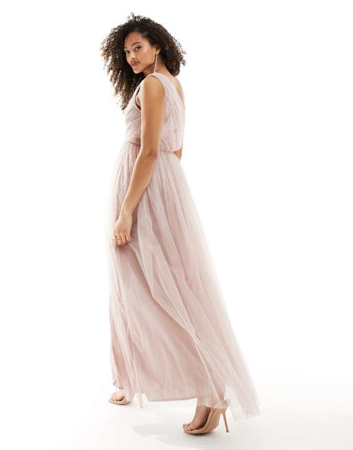 Anaya - Bruidsmeisjes - Maxi-jurk van tule met blote schouder in roze, 3 van 4