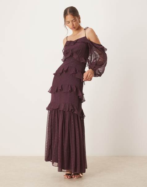 Anaya Cold shoulder ruffle maxi dress in fig