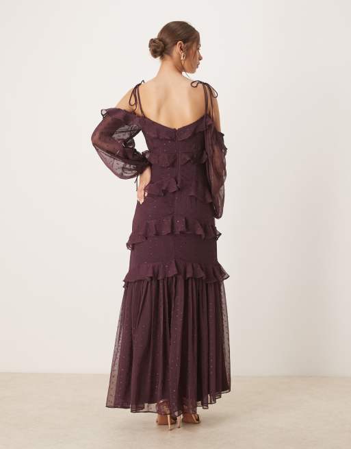Anaya Cold shoulder ruffle maxi dress in fig, 2 of 4