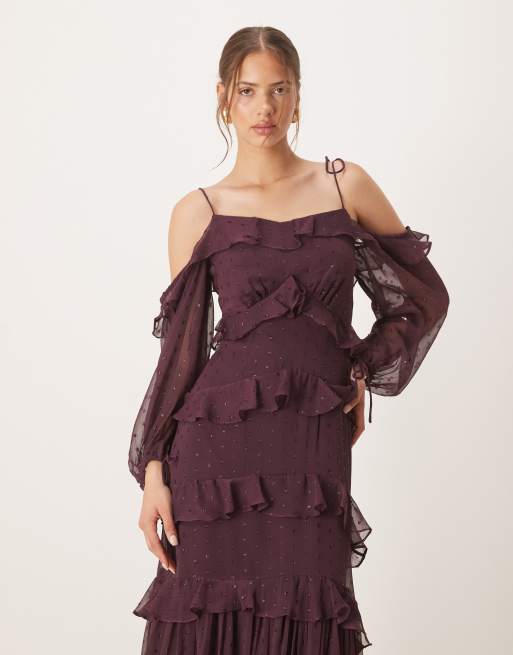 Anaya Cold shoulder ruffle maxi dress in fig, 4 of 4