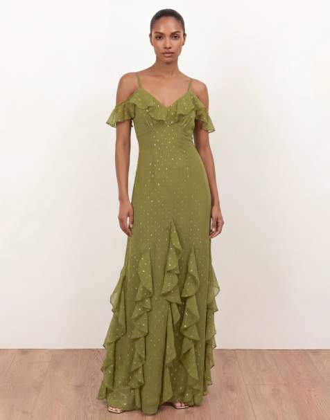 Anaya Cold shoulder ruffle maxi dress in olive - view 1