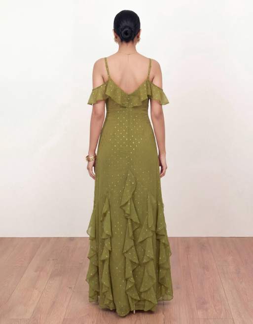 Anaya Cold shoulder ruffle maxi dress in olive, 3 of 4