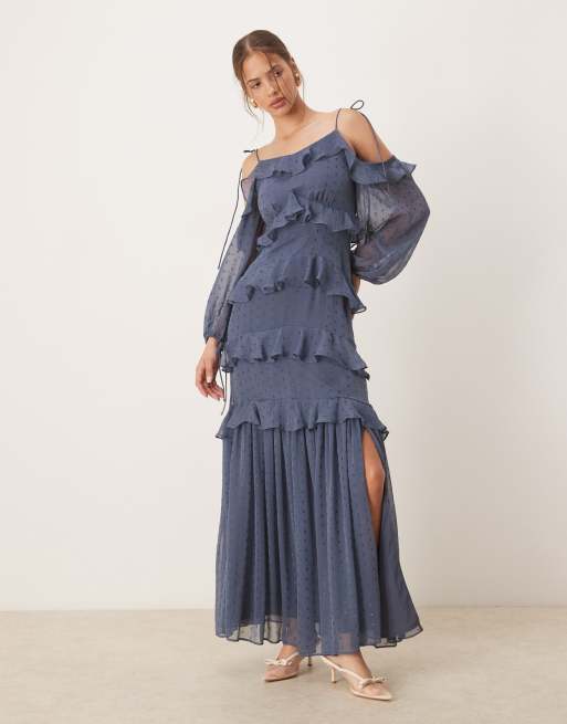 Anaya Cold shoulder ruffle maxi dress in vintage indigo
