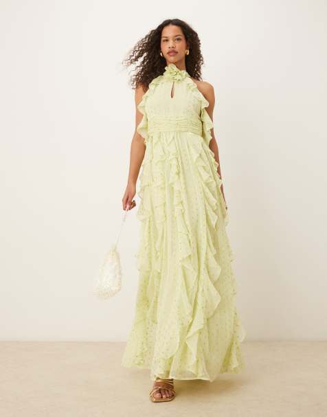 Anaya Cold shoulder waterfall ruffle maxi dress in spring green