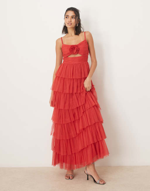 Anaya Corsage detail tiered cami maxi dress in red