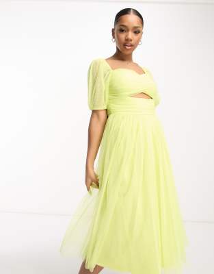 Anaya cut-out puff sleeve midi dress in lime