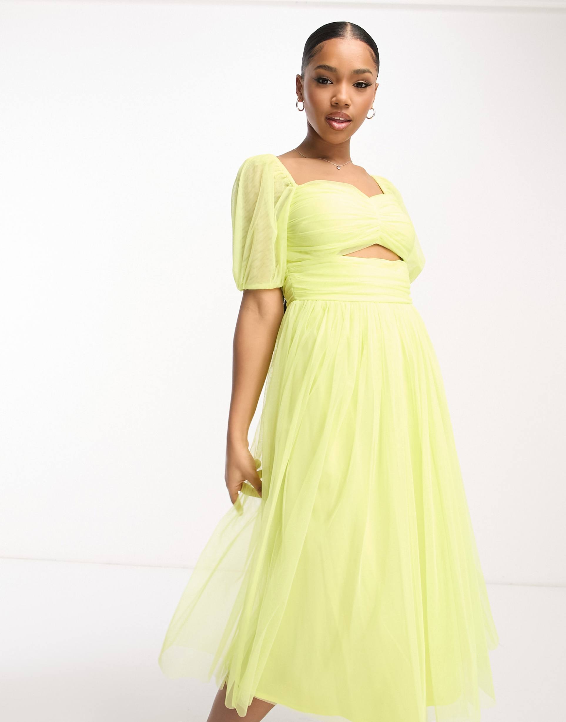 anaya cut-out puff sleeve midi dress in lime