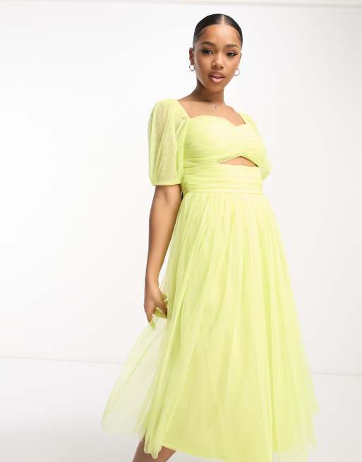 Anaya cut-out puff sleeve midi dress in lime | ASOS