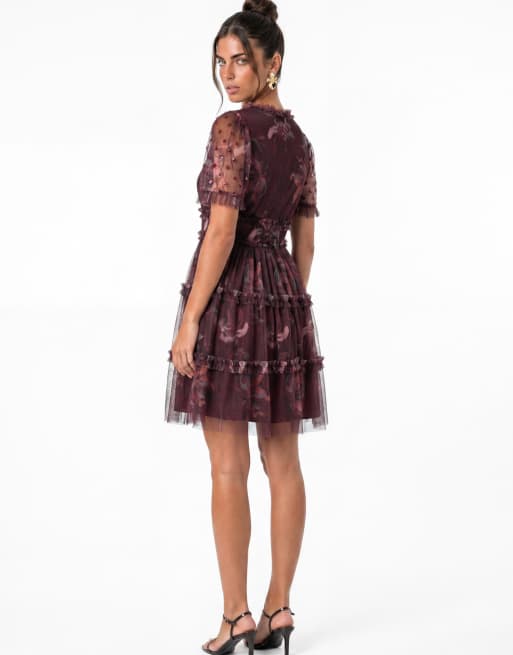 Anaya Embellished floral print tiered mini dress in fig floral print, 2 of 7