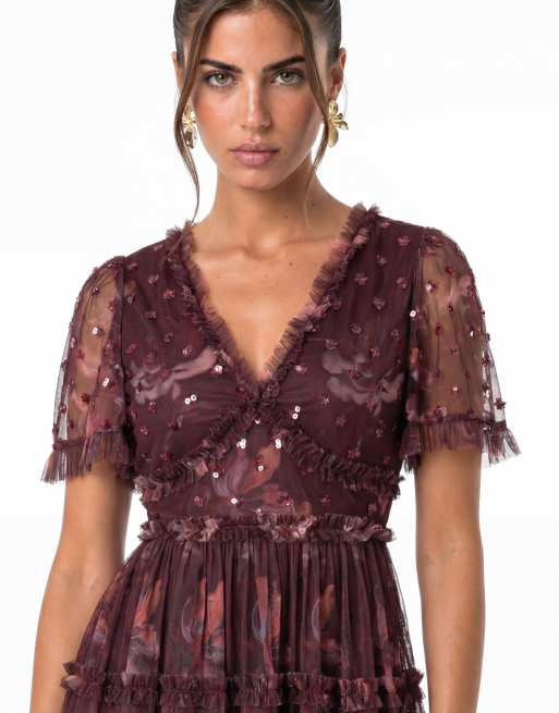 Anaya Embellished floral print tiered mini dress in fig floral print, 3 of 7