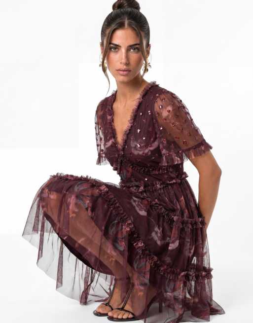 Anaya Embellished floral print tiered mini dress in fig floral print, 4 of 7