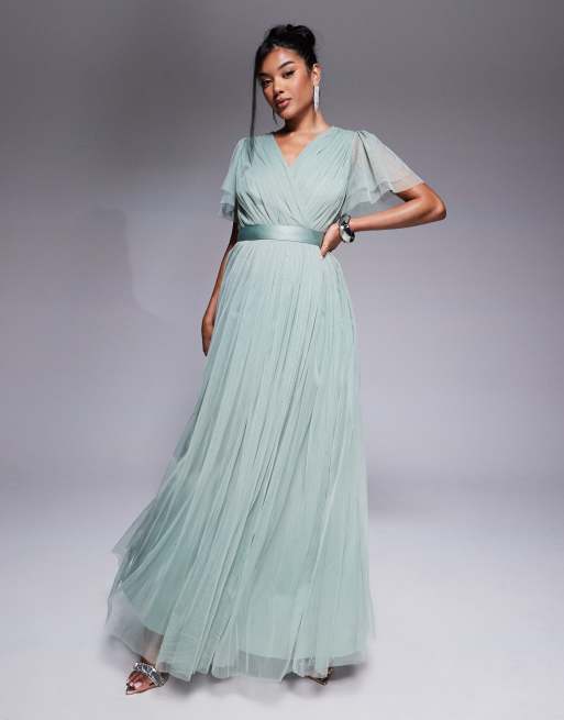 Anaya - Faux - Vestito lungo a portafoglio a maniche corte da damigella color verde ghiaccio
