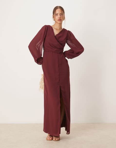 Anaya Faux wrap blouson sleeve maxi dress in maroon