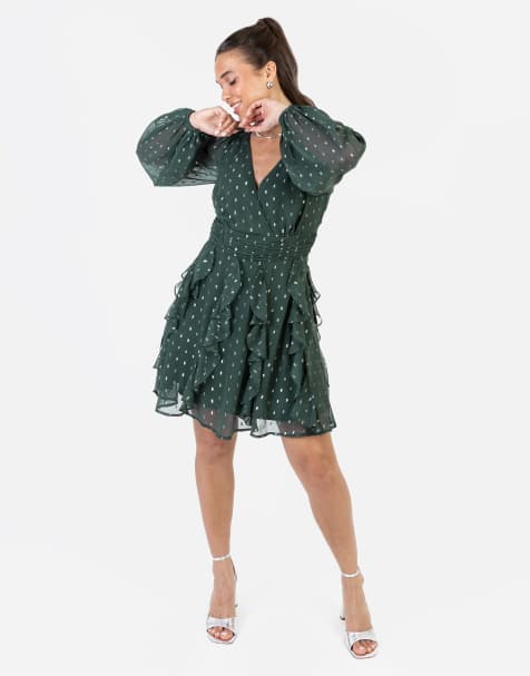 Anaya Faux wrap long sleeve ruffle mini dress in dark green