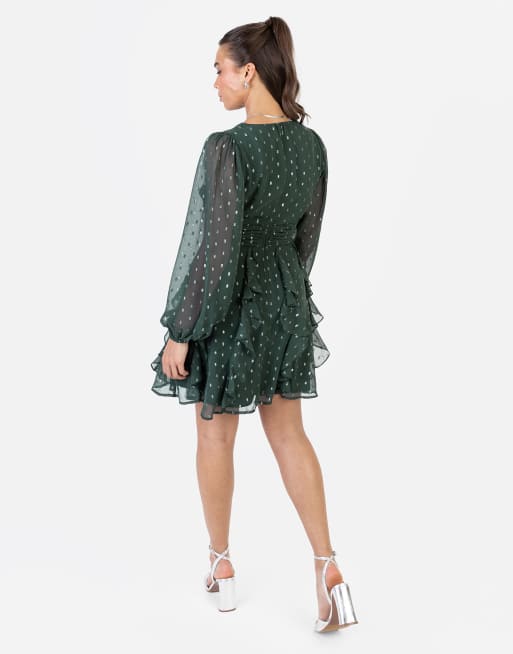 Anaya Faux wrap long sleeve ruffle mini dress in dark green, 2 of 4